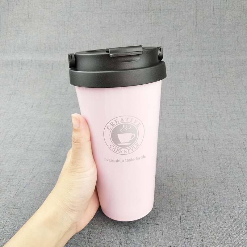 500ML Coffee Mug 304 Stainless Steel Travel Mug Double Wall Vacuum Insulated Tumbler Wide Mouth Tea Cup with Lid: Pink