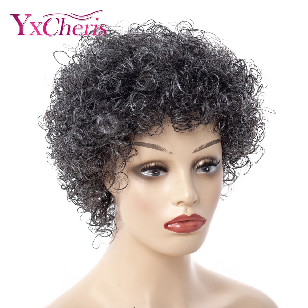 Kinky Curly Afro Wig Gray 6inch Short Wigs for Women Synthetic Hair YxCheris
