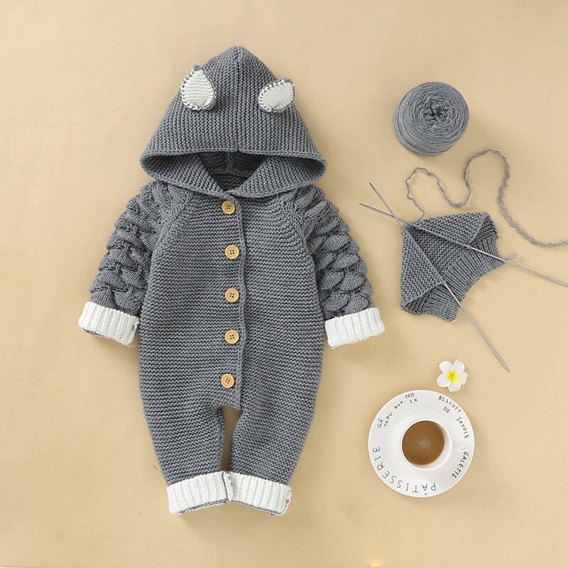 Winter Autumn Baby Sweater Romper Long Sleeve Hooded Newborn 0-24 Months Party Year Girl Boys Clothes Bebes Overalls