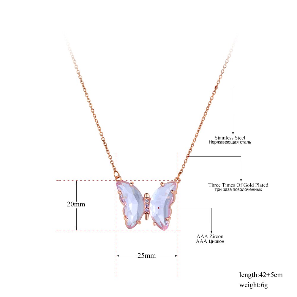 Collar Lokaer con Original de oro rosa CZ, colgante de mariposa de cristal para mujer, collar moderno de acero de titanio N20178