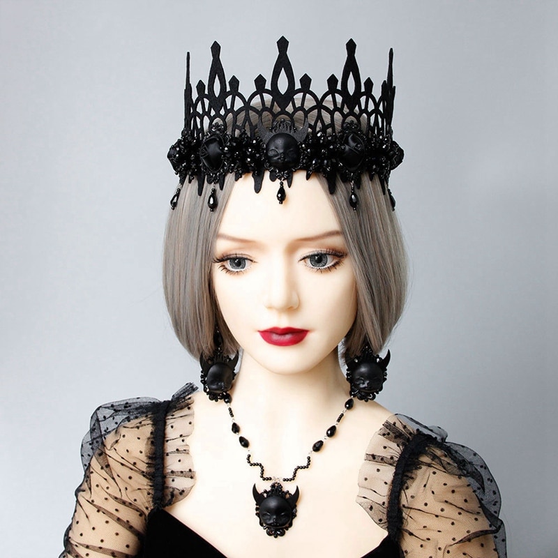 Black Headband Halloween Party Props Death Demon Witch Head Crown with Beaded Tassel Headdress