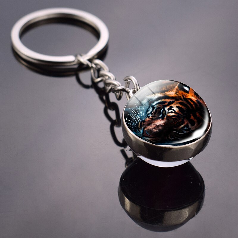 Tiger Keychain Animal Tiger Head Picture Glass Ball Key Chain Ring Keyfob Tiger Jewelry Valentine's