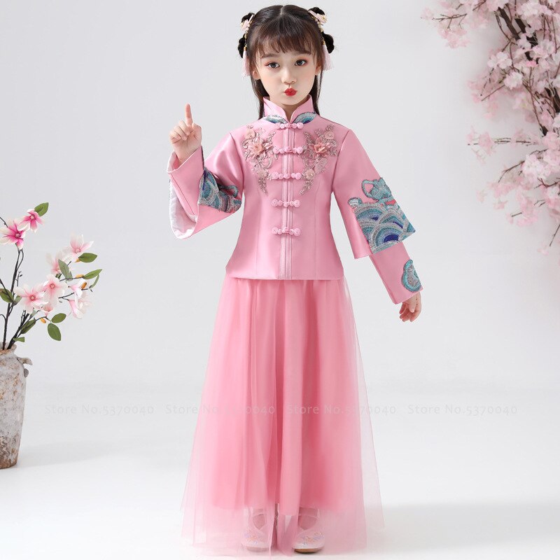 Cheongsam tradicional chino para niñas, traje Qipao Tang de manga larga, conjunto de vestimenta de Año , vestido de noche de princesa para niños