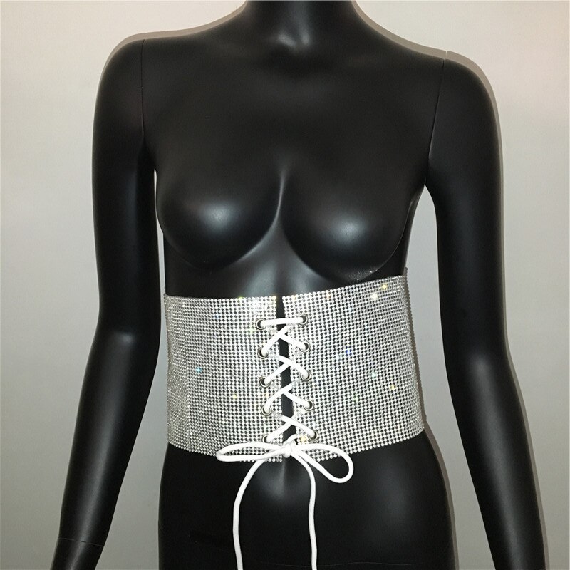 Crystal Pailletten Cumberbanden Vrouw Strass Riem Buikband Brede Vrouwen Streetwear Lace Up Corset Broeksbanden: Zilver