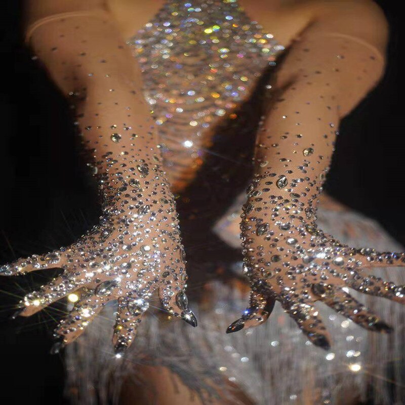Luxurious Stretch Rhinestones Gloves Women Sparkly Crystal Mesh Long Gloves Dancer Singer Nightclub Dance Stage Show Accessories