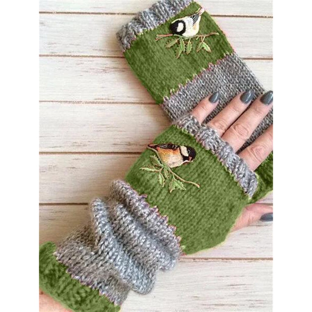 Guantes de punto con bordado de pájaros para mujer, guantes de punto sin dedos y de terciopelo con empalme de bloque de Color, guantes para mujer, guantes de Rekawiczki Damskie