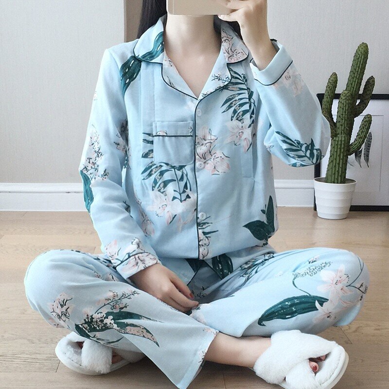 Pijamas de lactancia de Primavera de maternidad de manga larga para amamantar pijamas de 100% algodón para mujer embarazada: XL