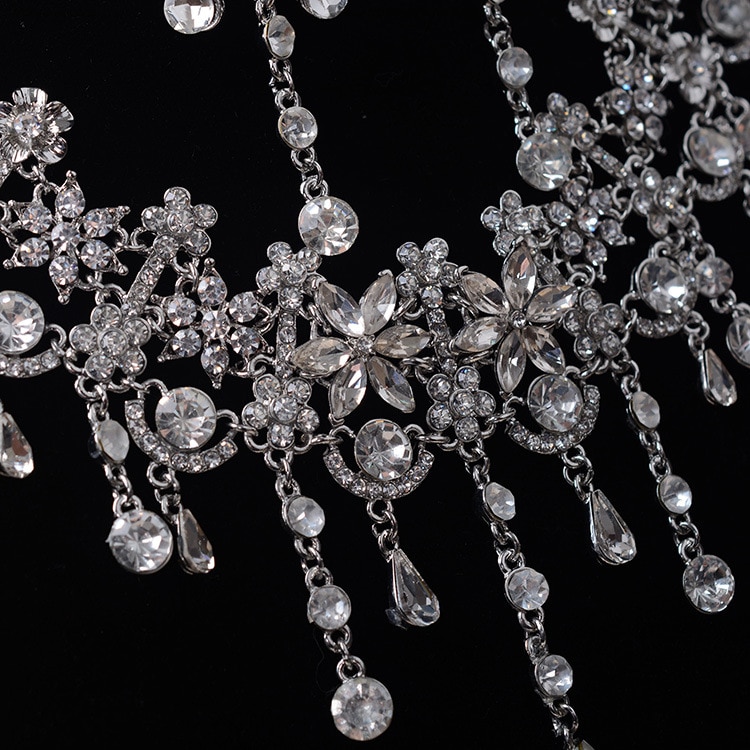 Luxo cor de prata flores de cristal conjunto de jóias de noiva para mulheres colar de declaração brinco strass tiara acessórios de casamento