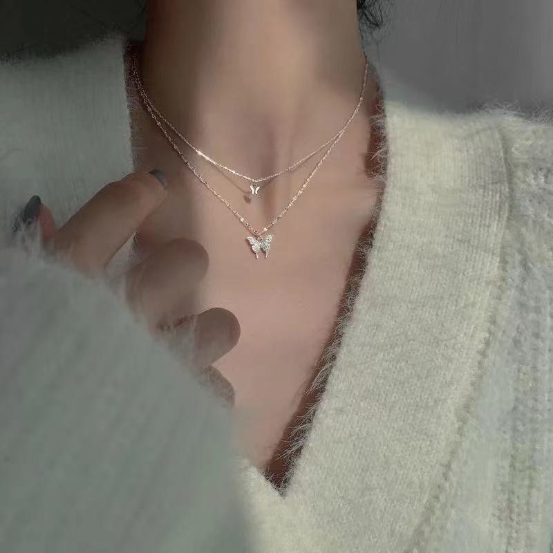 Shiny Butterfly Necklace Ladies Exquisite Double Layer Clavicle Chain Necklace Jewelry for Ladies