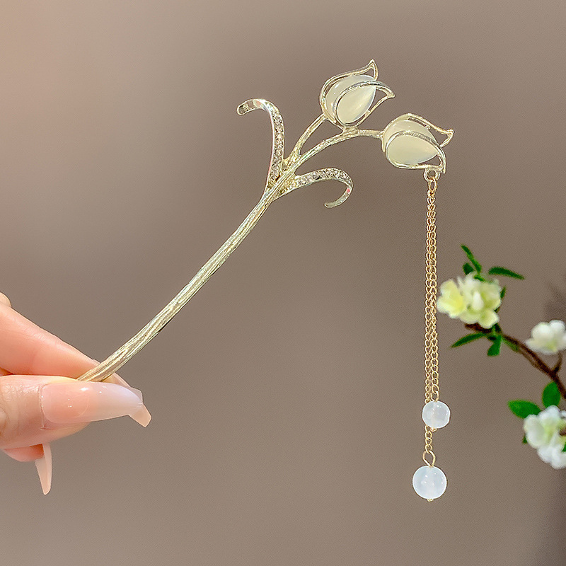 Pinza para el pelo para mujer, estilo chino, borla Retro, perla, diamantes de imitación, horquilla para boda, accesorios para el cabello, horquillas de Metal, joyería: Amarillo claro