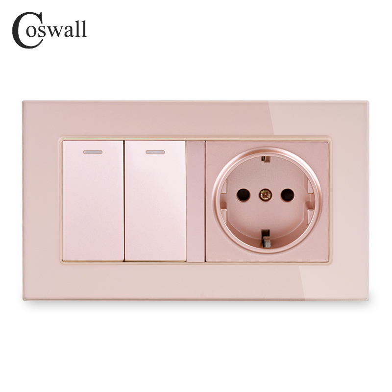 Marco de cristal COSWALL Rusia España enchufe de pared estándar de la UE a tierra + 2 Gang 1 Way interruptor de luz de encendido/apagado 146*86mm