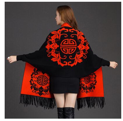 de para mujer Otoño Invierno Warmv patrón de flores Slit mezcla de lana a cuadros manta capa de Poncho abrigo chales con borlas bufanda: black orange