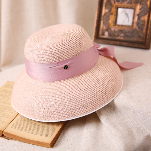 Hepburn-Sombrero de sol con lazo para mujer, sombrero de paja, sombrero de cubo, protector solar de color, sombrero de playa,: Rosa