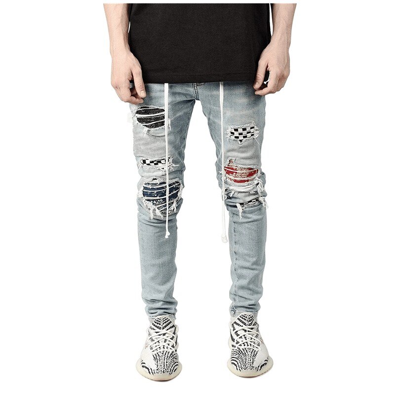 Pantalones vaqueros rasgados para hombre, pitillos ajustados con agujeros para motocicleta, Jeans Retro de retales para Calle