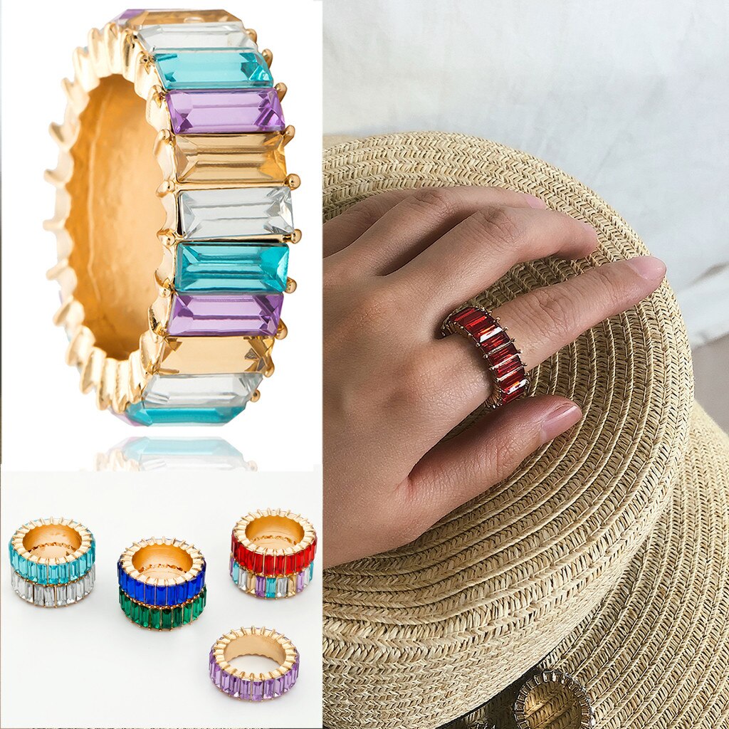 Anillo exquisito con tachuelas para mujer, piedra geométrica del arco iris, de joyería de boda, Anillos de Anel Anillos de la Alianza # jink