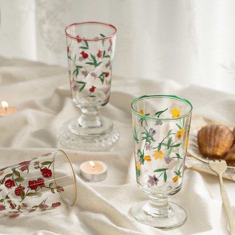 French Romantic Rose Retro Tulip Glass Cup Cocktail Cup Household Print Wine Glass Wedding Glass Birthday