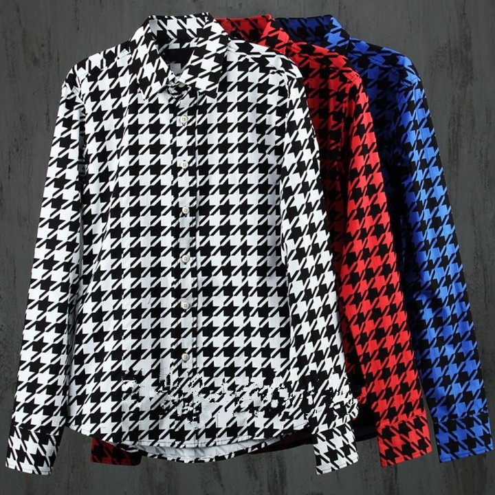 M-xxl! heren gd dj lente heren overhemd wit pied-de-poule slank overhemd met lange mouwen slank podium zanger kostuums kleding