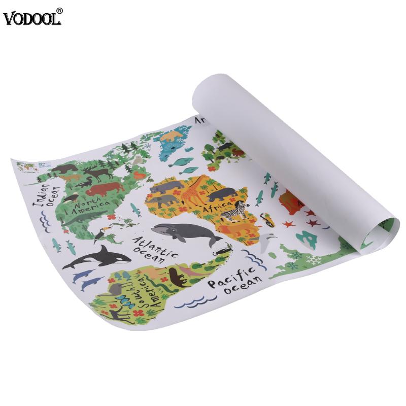 Colorido Animal mundo adhesivo con de mapa para pared Mapa de dibujos animados extraíble PVC papel pintado para habitación de niños calcomanías pósteres para decorar el hogar