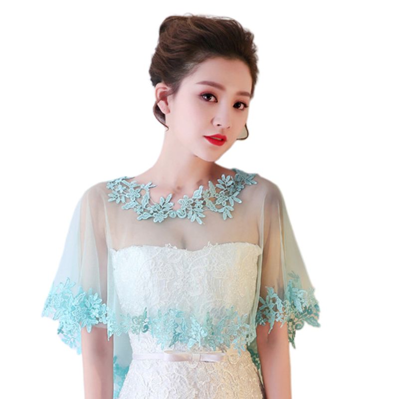 Femmes simple couche pure haut bas mariage châle enveloppement dentelle florale Applique épissage garniture mariée soirée Cape haussement d'épaules Capelet boléro