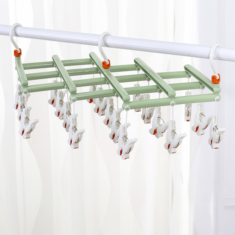 Wonderlife 29 Clip Plastic Retractable Drying Rack Windproof Non-slip Underwear Socks Multi-clip Rotatable Hanger Drying Rack: green