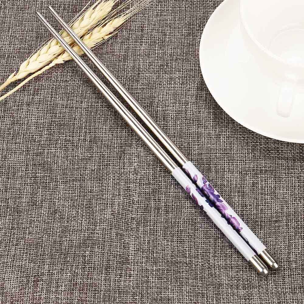 1 Pair Stainless Steel Chopsticks Patterns Food Sticks Portable Reusable Chopstick Sushi Length White Flower Pattern