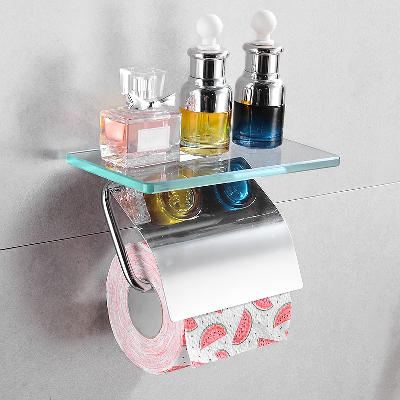 Toilet Paper Holder with Glass Shelf Stainless Steel Paper Towel Holders for Kitchen Wall Mounted Bathroom Toilet Roll Holder