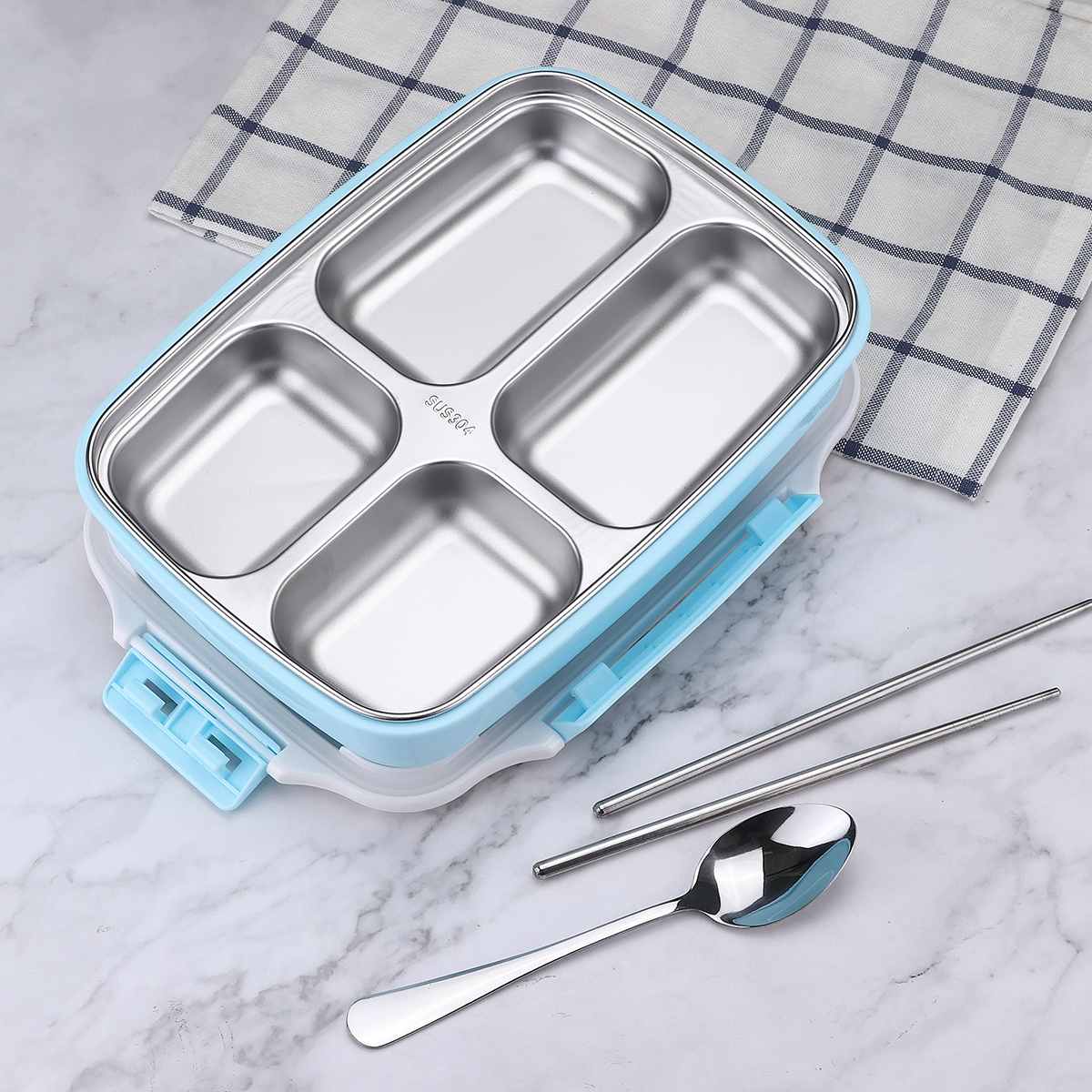 Japansk matlåda med fack 304 rostfri bento-låda för barn skolmatsbehållare läckagesäker matlåda värmearbete: Blå 4 rutnät
