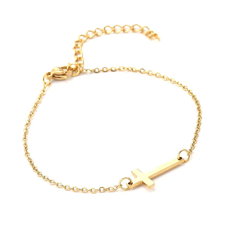 Stainless Steel Cross Charm Bracelet for Women Gold Color Link Chain Friendship Bracelet Religious Jewelry: gold cross