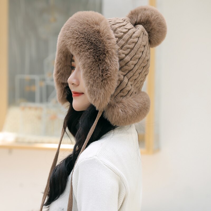 Women's thick hat hairballs a women's winter thick knitted plush hat earmuffs collar soft warm beanie hat scarf