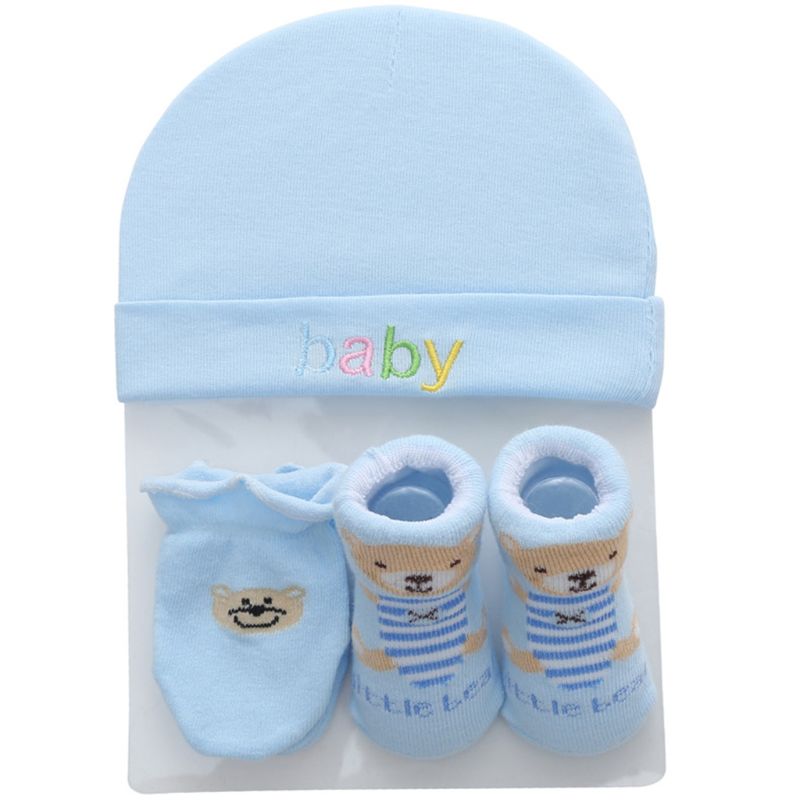 0-12M Fall Winter Baby Hat and Mittens Girl Boy Cap Socks Comfy Infant Hat & Gloves Cotton Toddler Newborn Baby Accessorise: Blue