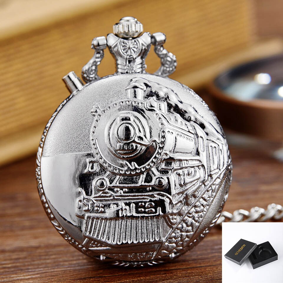 Vintage led urtavla kvarts fickur snidad ångtåg steampunk järnvägsgravyr retro kedja halsband hängande klocka