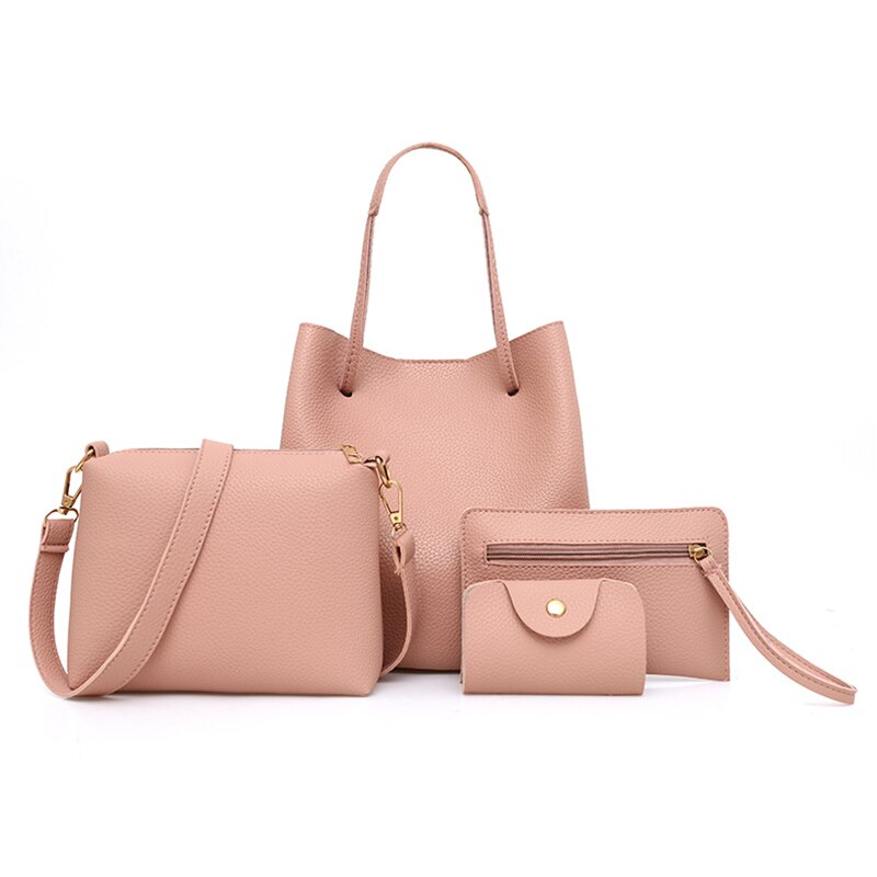 4PCs/set Women's Bag Solid Shoulder Bag Top-Handle Big Capacity Female Handbag Shoulder Bag Ladies PU Crossbody: Pink