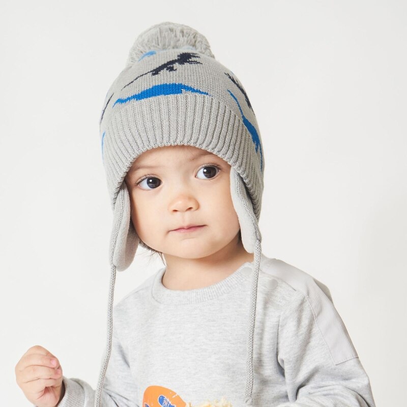 Peuter Baby Jongens Cartoon Dinosaurus Jacquard Beanie Warme Gebreide Muts Oorklep