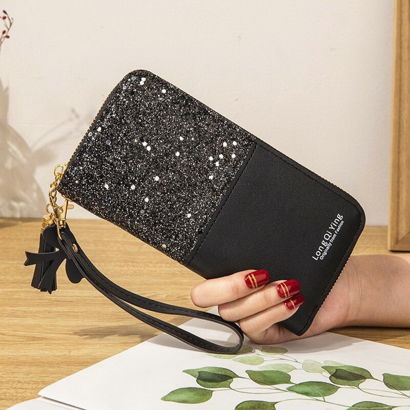 Puimentiua pailletten-Patchwork-glitzergeldbörse für damen, lange geldbörse aus pu-leder, münzfach, damengeldbörsen, mädchengeldbörsen