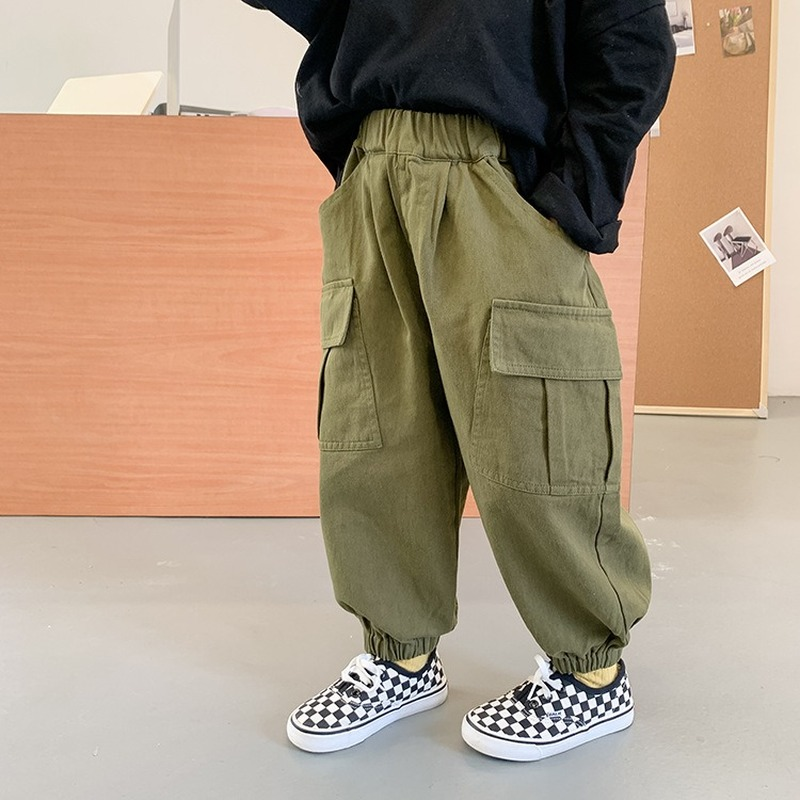 Boys cotton 3 colors side pocket cargo pants Kids all-match loose casual trousers