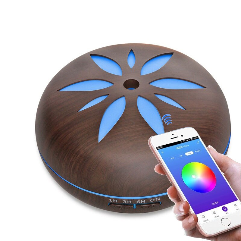 550ML APP Essentiële Olie Diffuser Aroma Luchtbevochtiger Met Houtnerf Afstandsbediening 7 Veranderende Kleuren LED Lamp Voor home Office: Dark Wood Grain / ons