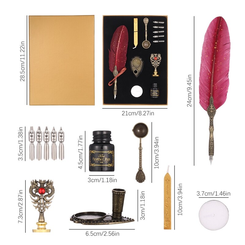 Luxe Vulpen Veer Pen Set Vintage Reclame Inkt Pen Dip Water Metalen Vulpen Set Doos 5 Penpunten