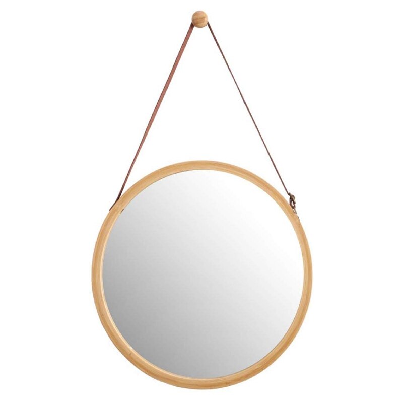 Hanging Round Wall Mirror in Bathroom & Bedroom - Solid Bamboo Frame & Adjustable Leather Strap