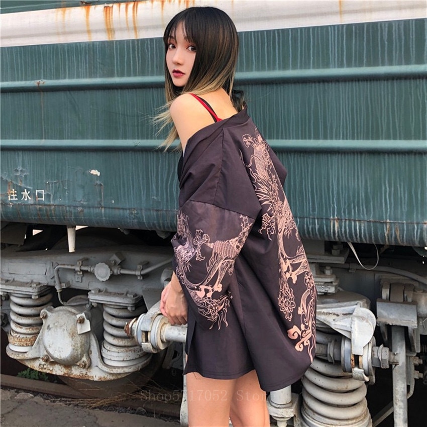 Moda japonesa kimono impressão dragão chinês fino lazer comute protetor solar roupas cardigan robe para meninos e meninas