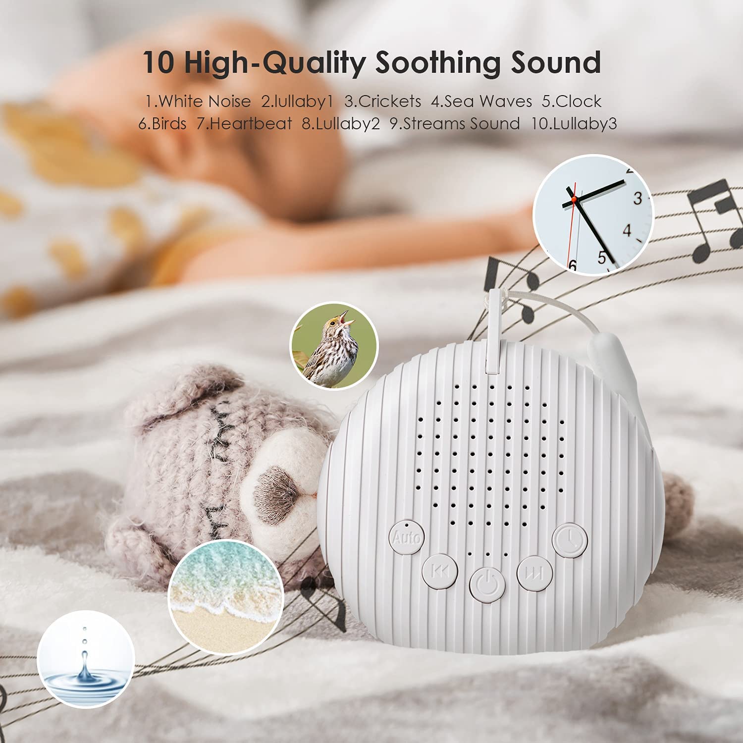 White Noise Machine for Sleeping Baby Portable with Soothing Nature Sounds Lullaby Noise Maker Therapy Sleep Easy Rechargeable