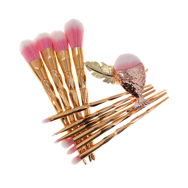 11pcs Diamond Fish Makeup Brush Set Foundation Blending Power Eyeshadow Contour Concealer Blush Cosmetic Beauty Make Up