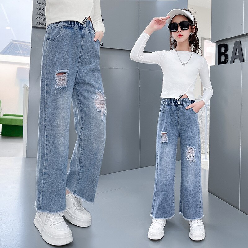 Pantalones vaqueros con agujeros rasgados para niña, pantalón informal de pierna ancha para adolescente, ropa para niña de 4, 5, 6, 7, 8, 10, 12 y 14 años, primavera y otoño