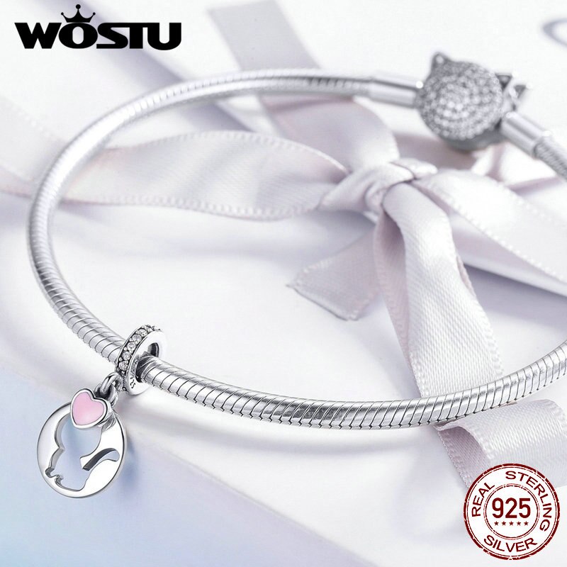 WOSTU 925 Sterling Silver Cat Dangle Charms Pink Heart CZ Bead Fit Women Original Bracelet Bangle Animal Charms Jewelry CQC1140