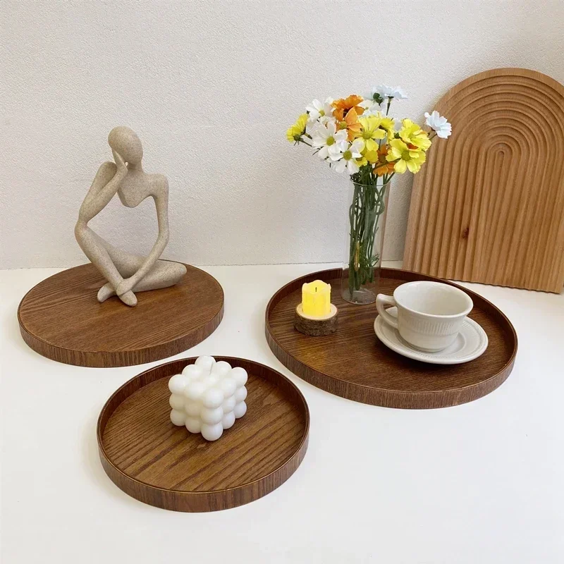Nordic Decoratief Dienblad Houten Dienblad Retro Ronde Serveerschaal Fruit Dessert Opbergbakken Koffiekopje Mat Pad Home Decor Mohamedajuan