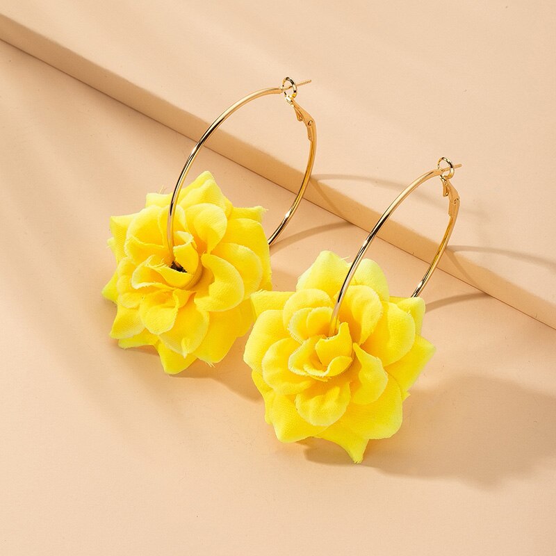 Ins fait à la main tissu mousseline de soie fleurs minimalisme cerceau boucles d'oreilles coréenne Chic femmes fête bijoux: yellow