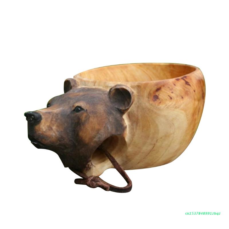Hand Gesneden Rubber Houten Mok Dieren Hoofd Afbeelding Cup Houten Dier Mok Vorm Draagbare Camping Drinkbeker Drinkbekers: Bear