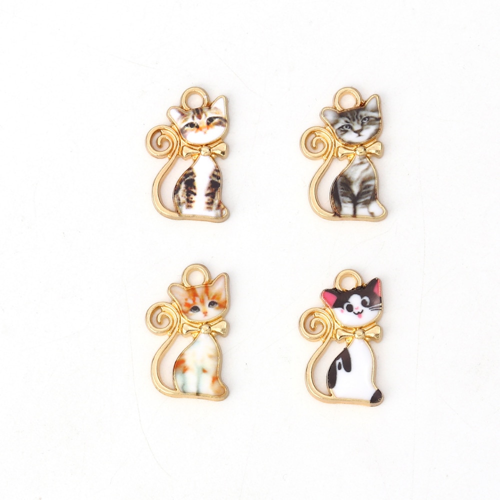 DoreenBeads Zinc Based Alloy Charms Pendant Cat Animal Gold Orange Black White Colorful Enamel 21mm( 7/8&quot;) x 13mm( 4/8&quot;), 10 PCs