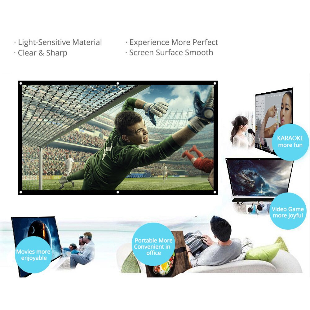 H60 60” Portable Projector Screen HD 16:9 White Dacron Diagonal Video Projection Screen Foldable Wall Mounted for Home Theater
