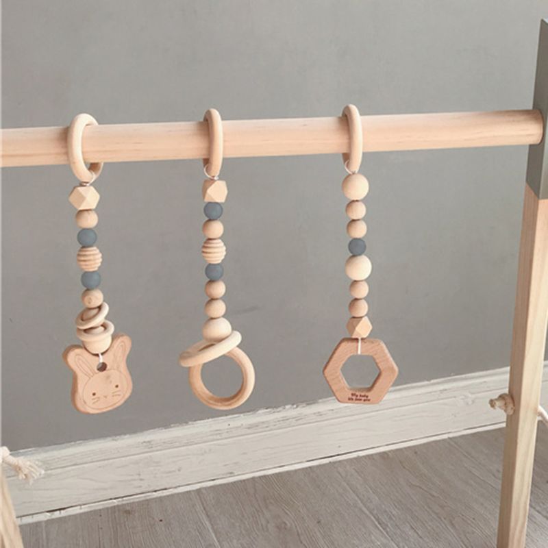 3 Pcs Nordic Style Cartoon Solid Wood Fitness Rack Pendant Children Room Decoration Baby Infants Ring-pull Toy Hanging Ornaments