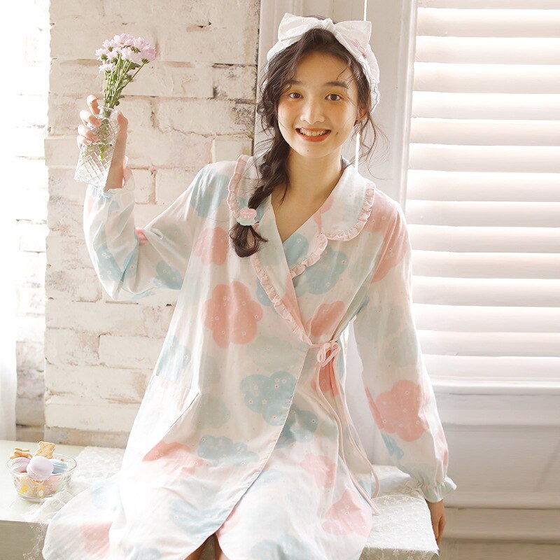 Puur Katoen Jong Meisje Zomer Verfrissende Nachtkleding Lange Mouw Dee Sexy Pyjama Set Leuke Vrouwen Homewear Wolken print: Roze / L